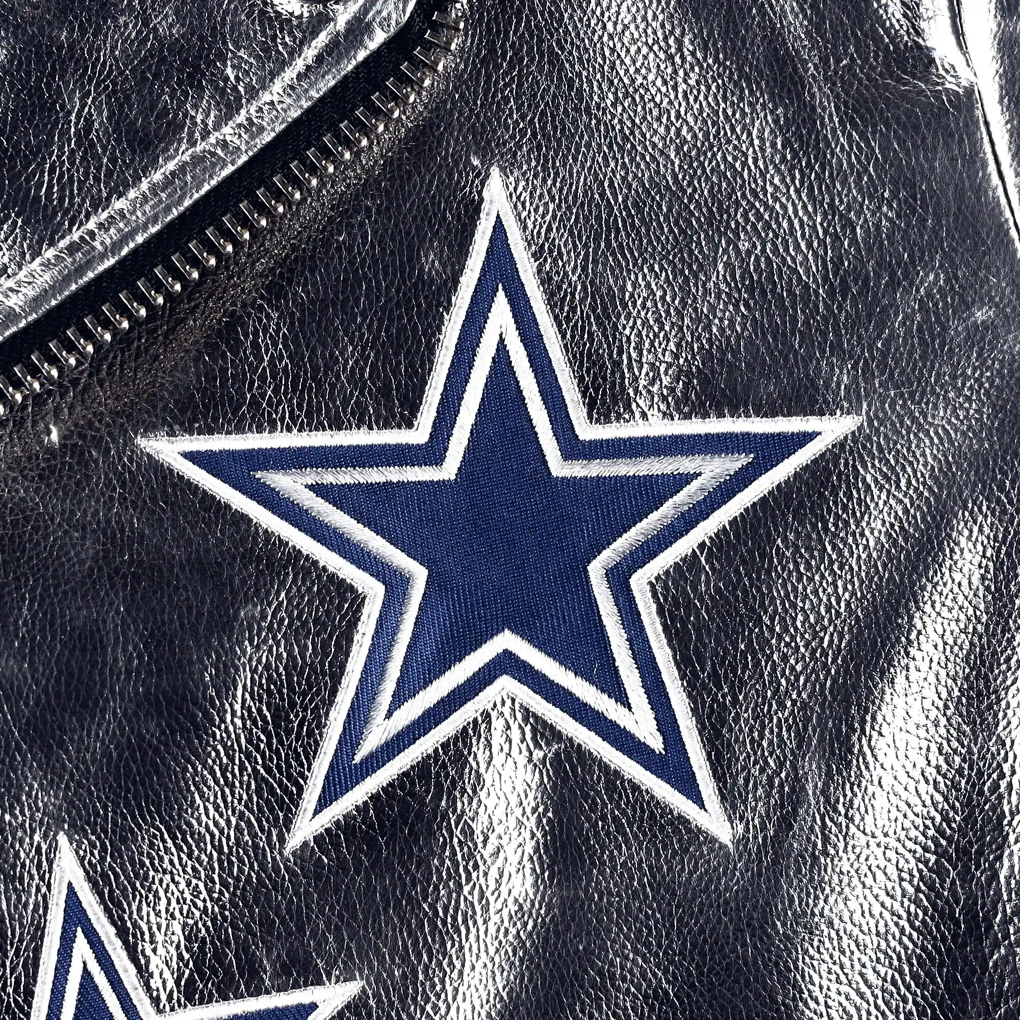 Women’s Dallas Cowboys Moto Full-Zip Silver Leather Jacket - Image 3