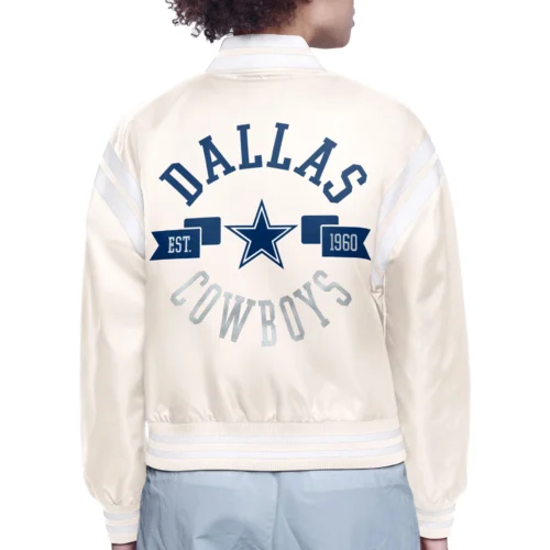 Alternative view of Women's Dallas Cowboys Round Printed Logo Cropped Cream Satin Varsity Jacket