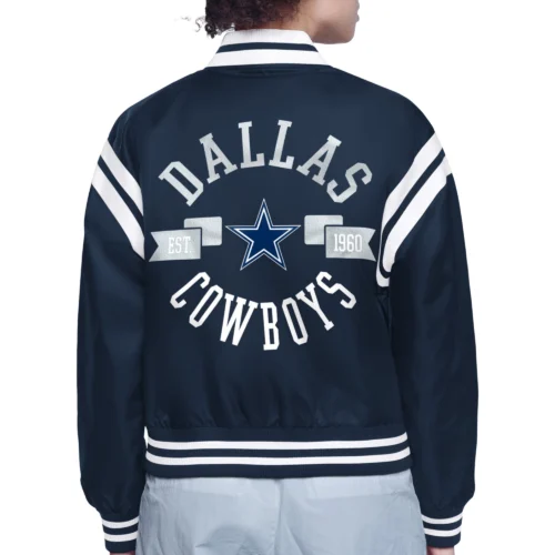Alternative view of Women's Dallas Cowboys Round Printed Logo Cropped Navy Satin Varsity Jacket