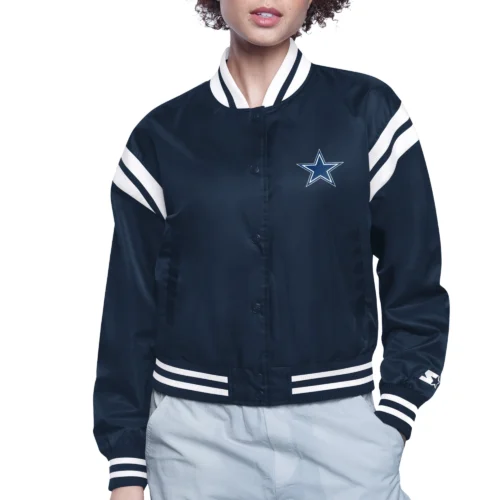 Women's Dallas Cowboys Round Printed Logo Cropped Navy Satin Varsity Jacket