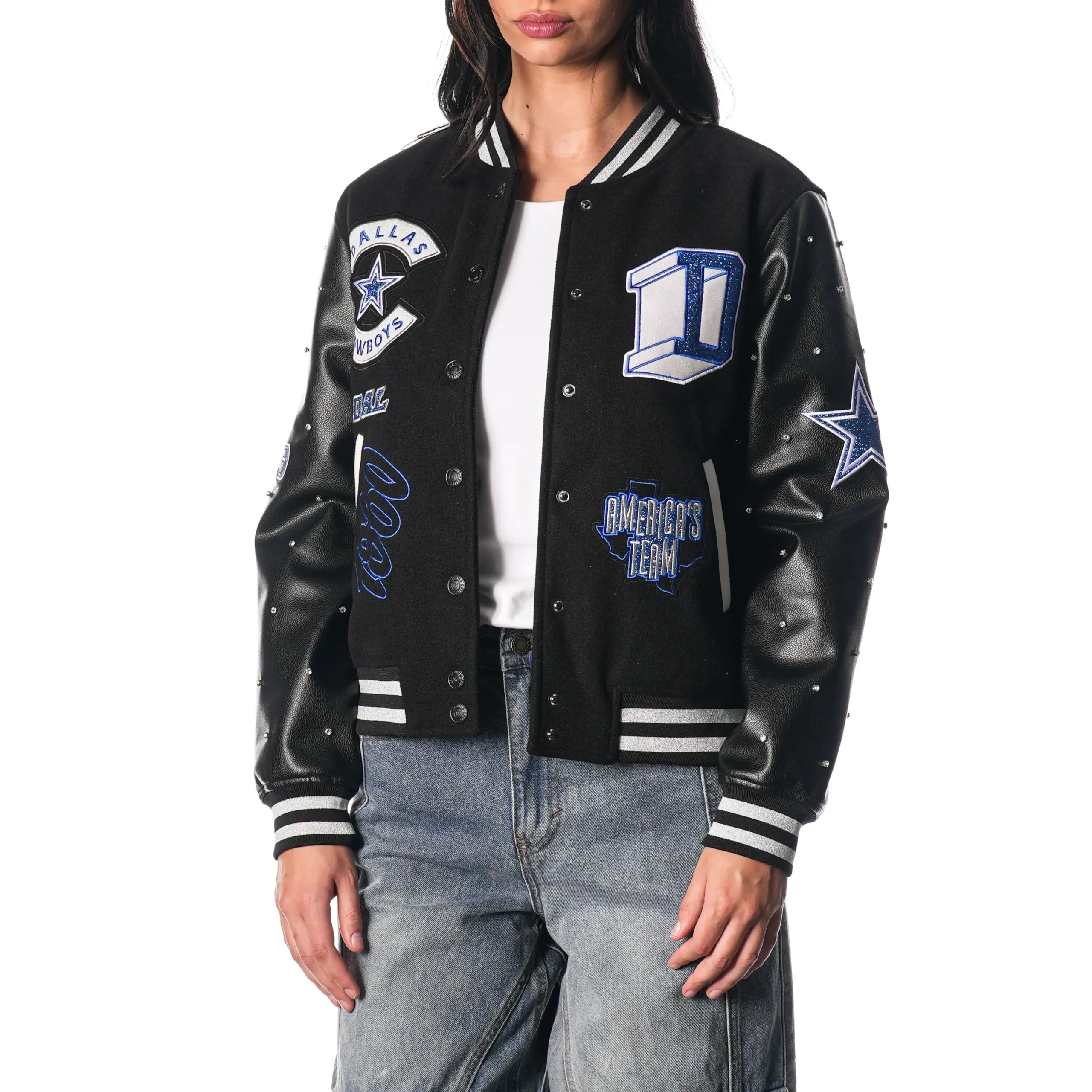 Women’s Dallas Cowboys Sparkle Black Wool & Leather Varsity Jacket