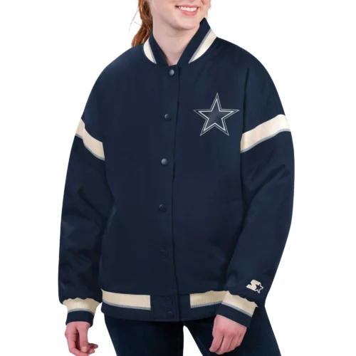 Women's Dallas Cowboys Tournament Navy Satin Varsity Jacket