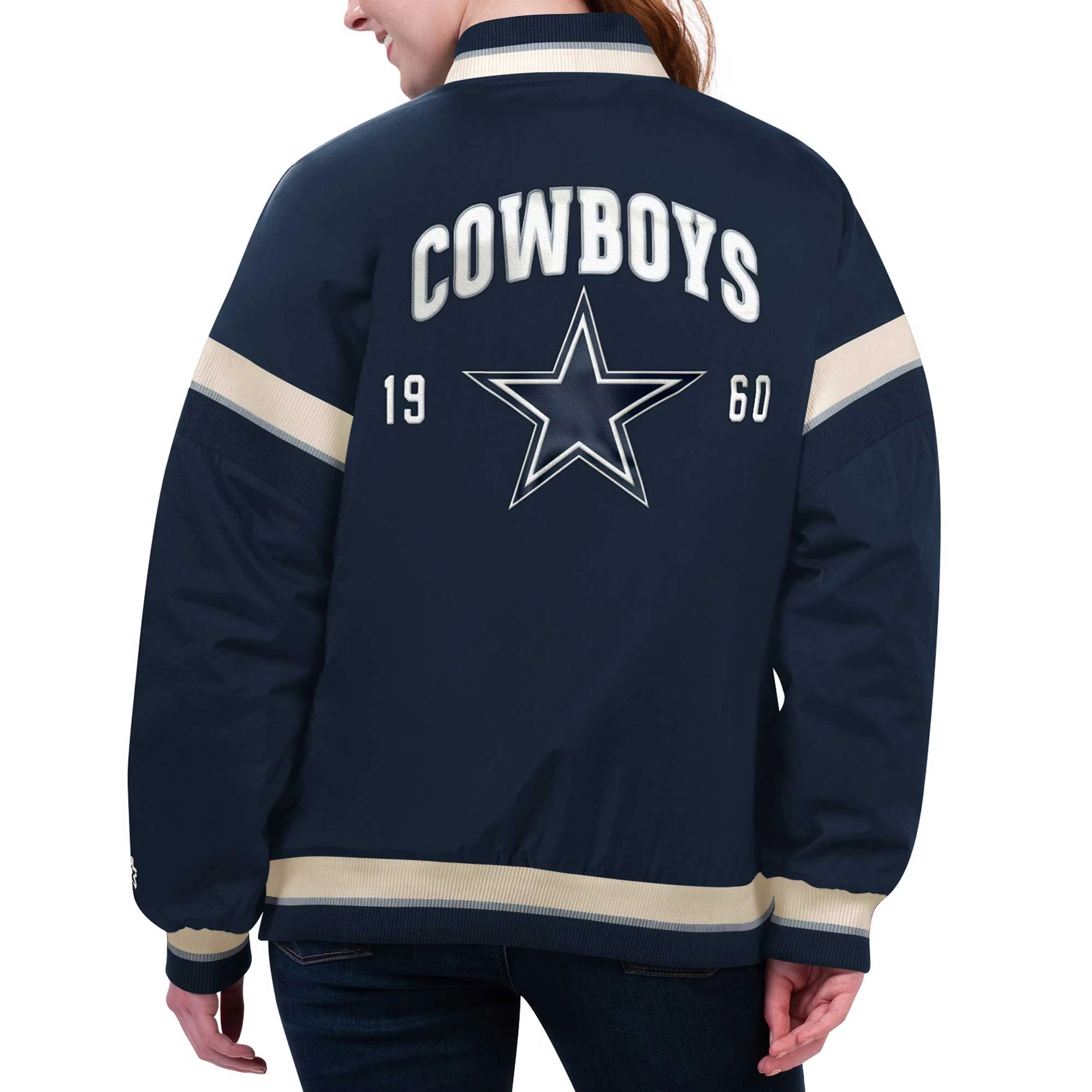 Women's Dallas Cowboys Tournament Navy Satin Varsity Jacket - Image 2