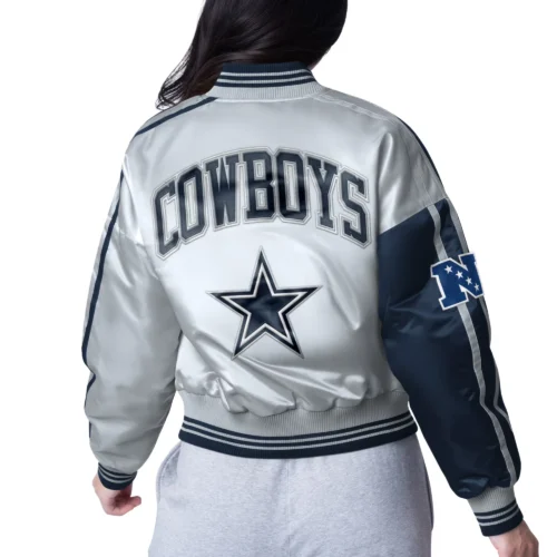 Alternative view of Women's Dallas Cowboys Zone Blitz Cropped Navy/Silver Satin Jacket