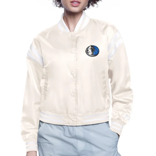 Women's Dallas Mavericks Round Printed Logo Cropped Cream Satin Varsity Jacket