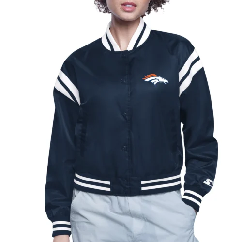 Women's Denver Broncos Round Printed Logo Cropped Navy Satin Varsity Jacket