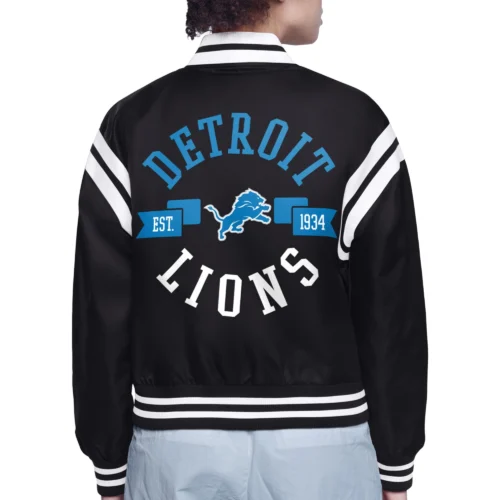 Alternative view of Women's Detroit Lions Round Printed Logo Cropped  Black Satin Varsity Jacket
