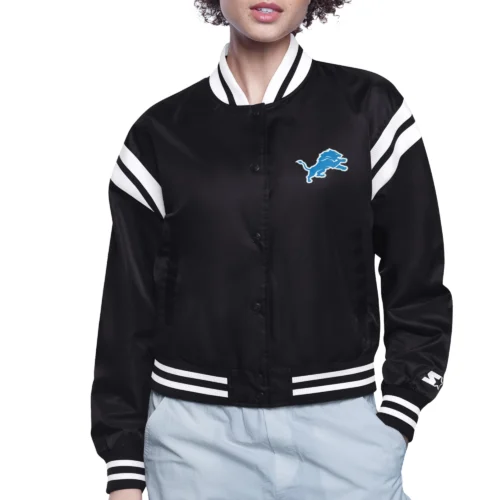 Women's Detroit Lions Round Printed Logo Cropped Black Satin Varsity Jacket