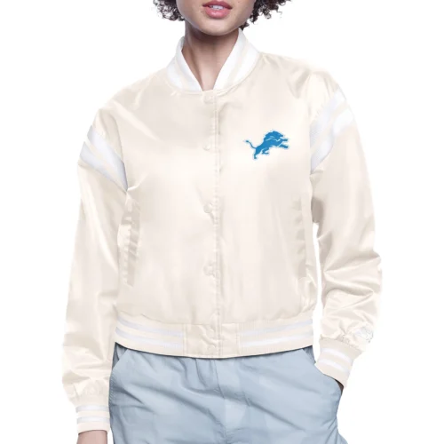 Women's Detroit Lions Round Printed Logo Cropped Cream Satin Varsity Jacket