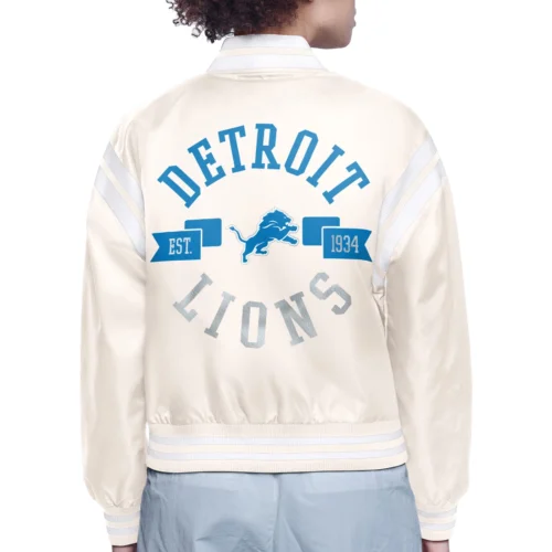 Alternative view of Women's Detroit Lions Round Printed Logo Cropped Cream Satin Varsity Jacket