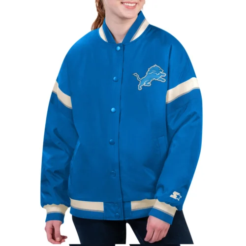 Women's Detroit Lions Tournament Blue Satin Varsity Jacket