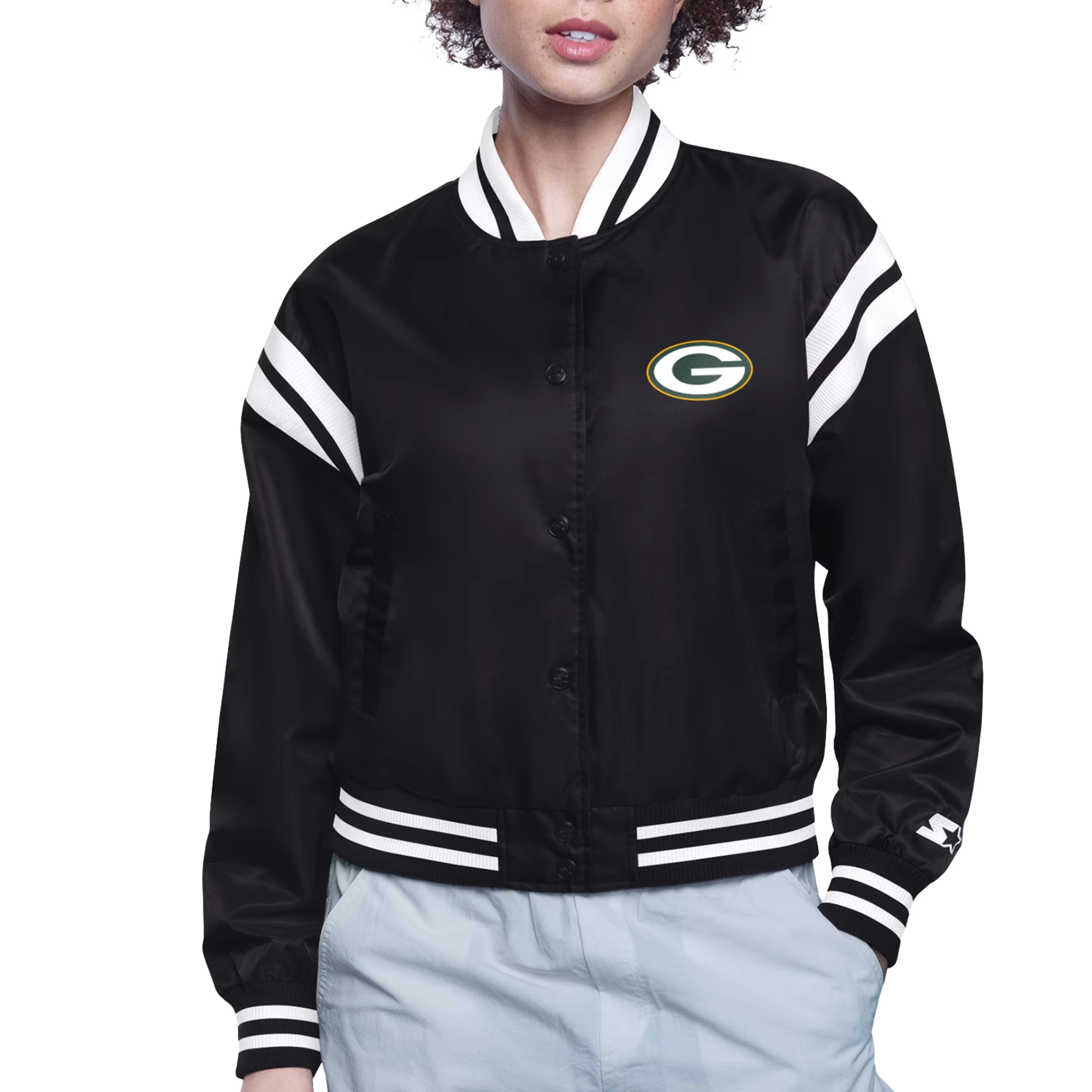 Women's Green Bay Packers Round Printed Logo Cropped Black Satin Varsity Jacket