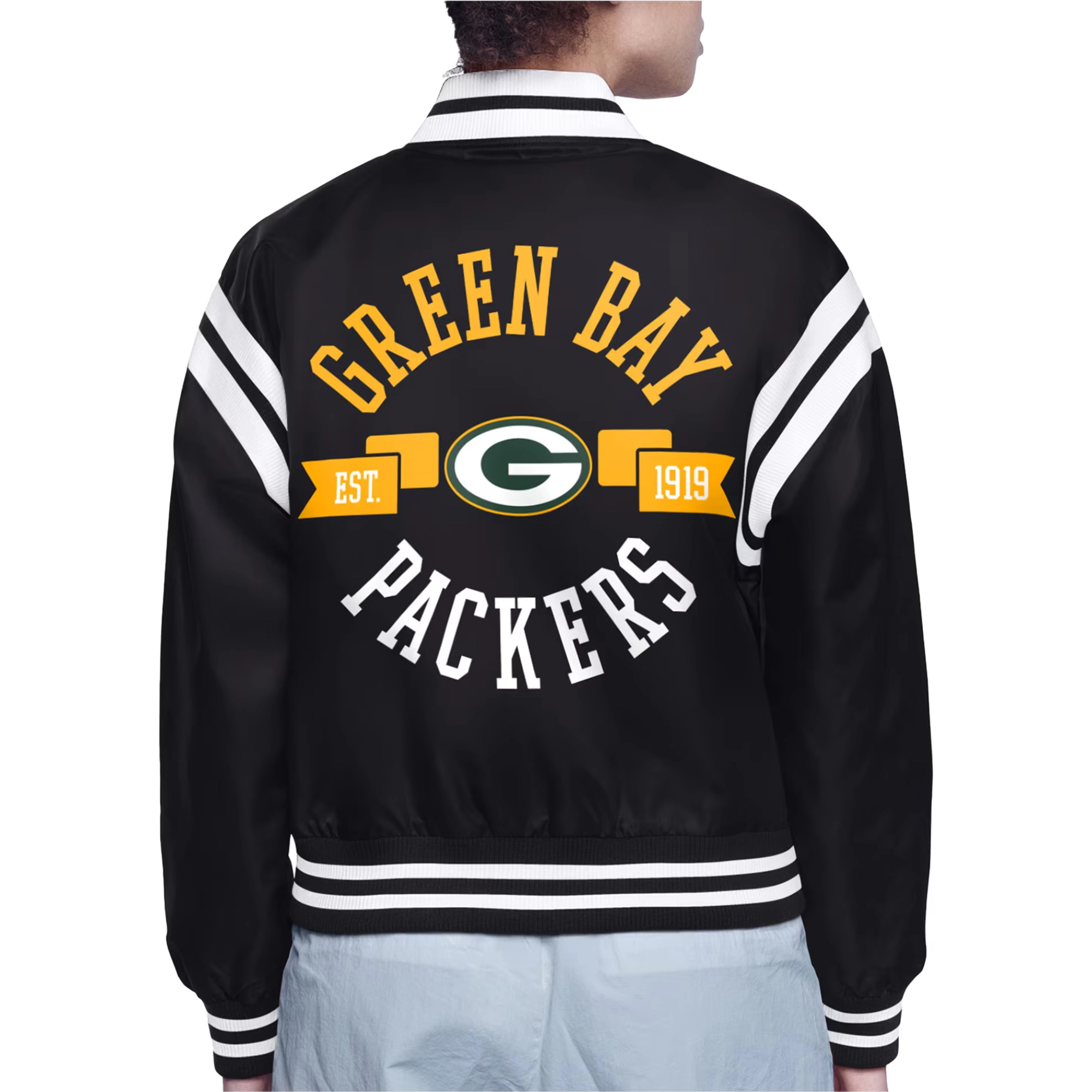 Women's Green Bay Packers Round Printed Logo Cropped Black Satin Varsity Jacket - Image 2