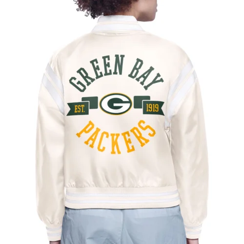 Alternative view of Women's Green Bay Packers Round Printed Logo Cropped Cream Satin Varsity Jacket