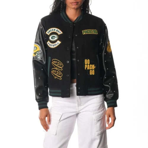 Women’s Green Bay Packers Sparkle Black Wool & Leather Varsity Jacket