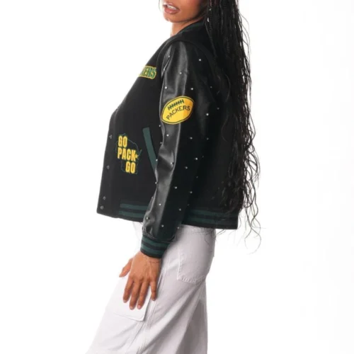 Alternative view of Women’s Green Bay Packers Sparkle Black Wool & Leather Varsity Jacket