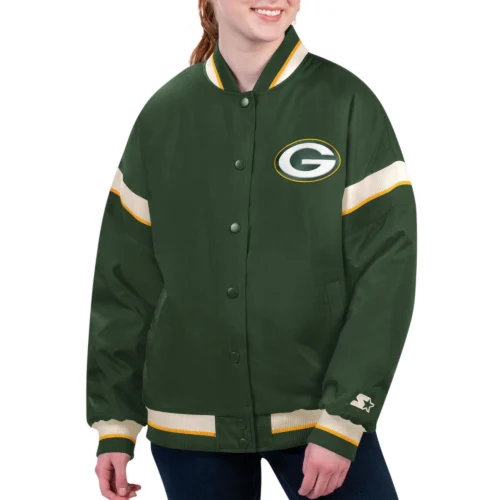 Women's Green Bay Packers Tournament Green Satin Varsity Jacket