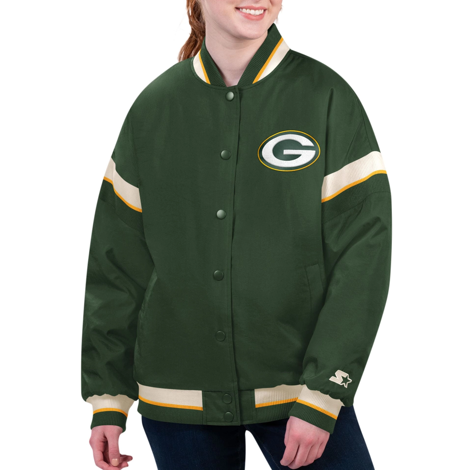 Women's Green Bay Packers Tournament Green Satin Varsity Jacket