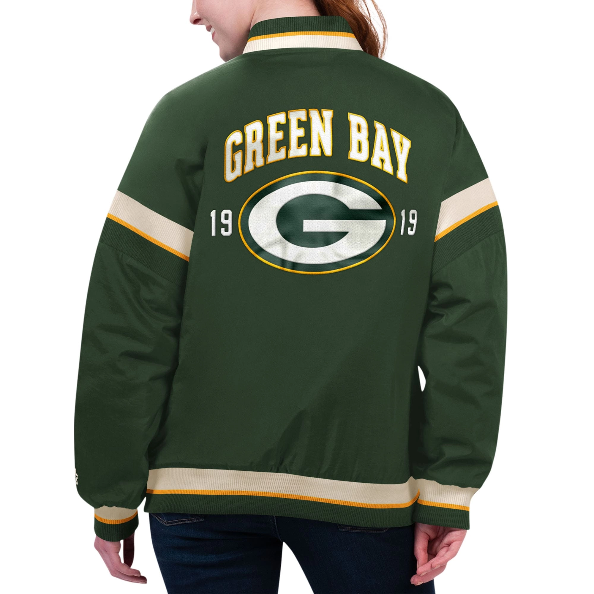 Women's Green Bay Packers Tournament Green Satin Varsity Jacket - Image 2