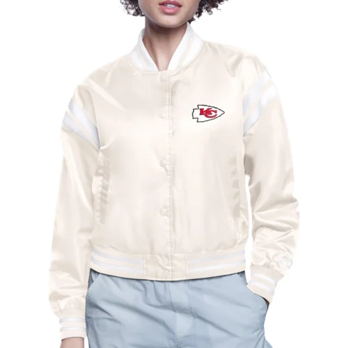 Women's Kansas City Chiefs Round Printed Logo Cropped Cream Satin Varsity Jacket