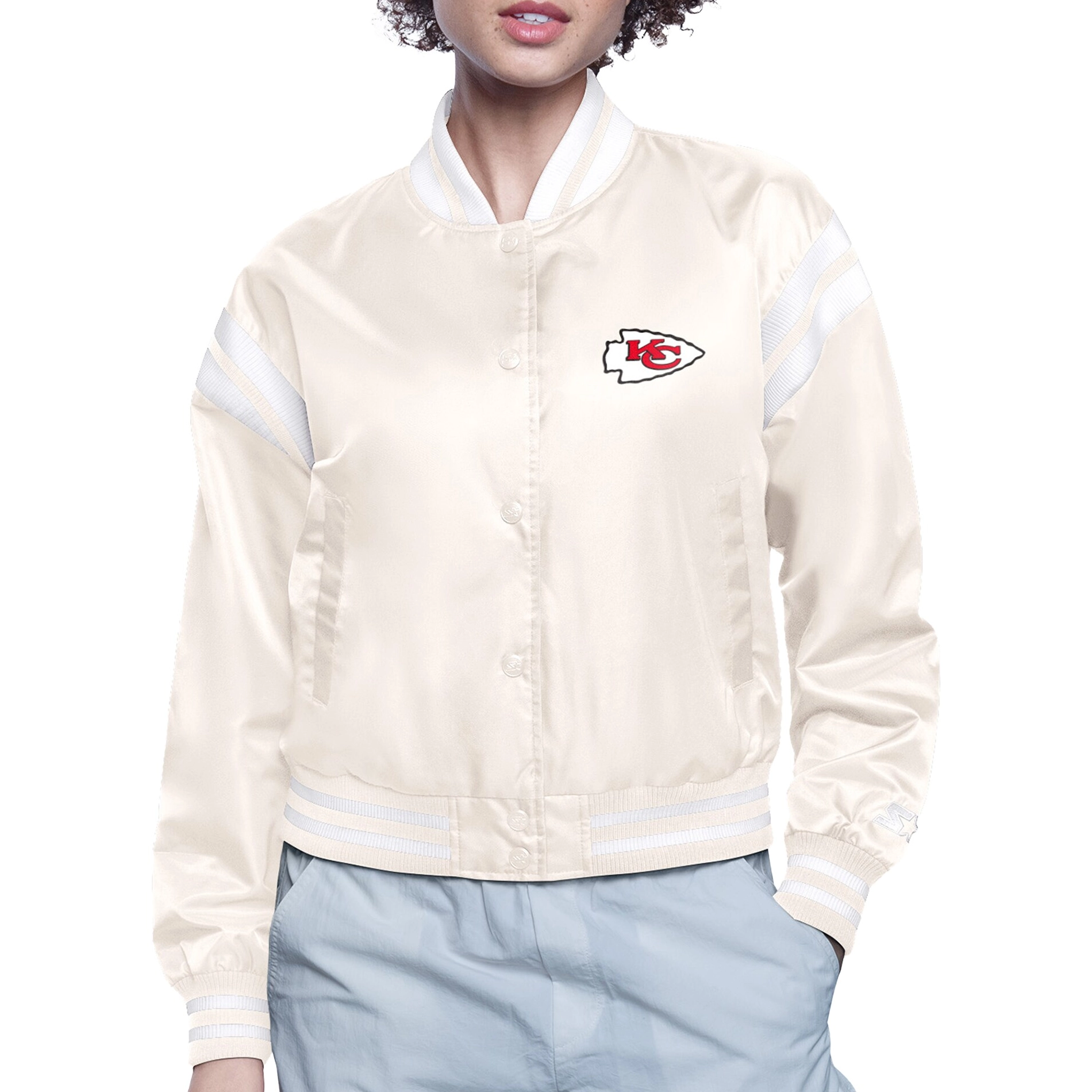 Women's Kansas City Chiefs Round Printed Logo Cropped Cream Satin Varsity Jacket