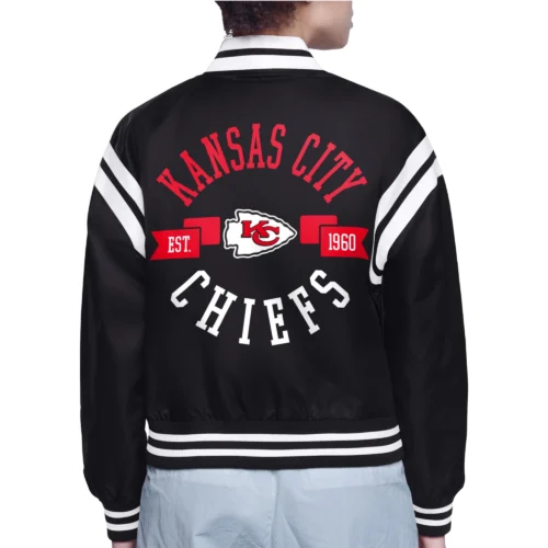 Alternative view of Women's Kansas City Chiefs Round Printed Logo Cropped  Black Satin Varsity Jacket