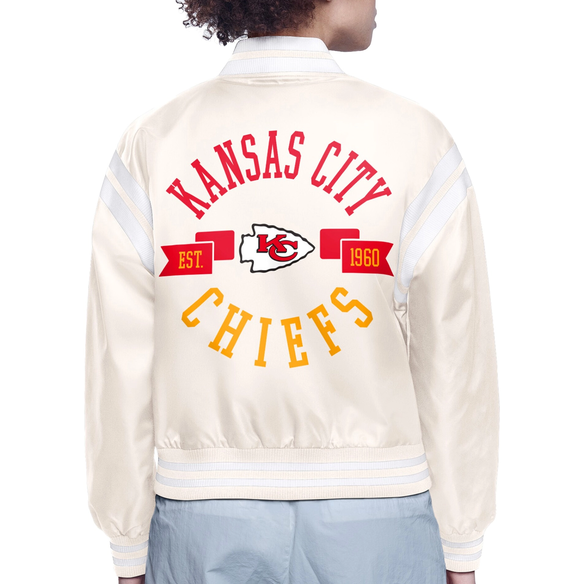 Women's Kansas City Chiefs Round Printed Logo Cropped Cream Satin Varsity Jacket - Image 2