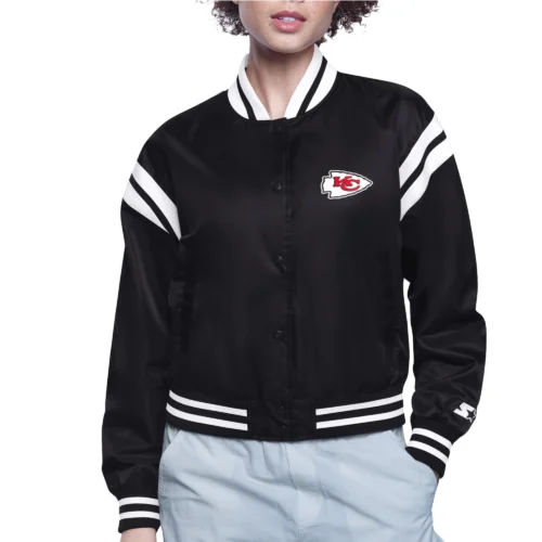 Women's Kansas City Chiefs Round Printed Logo Cropped Black Satin Varsity Jacket