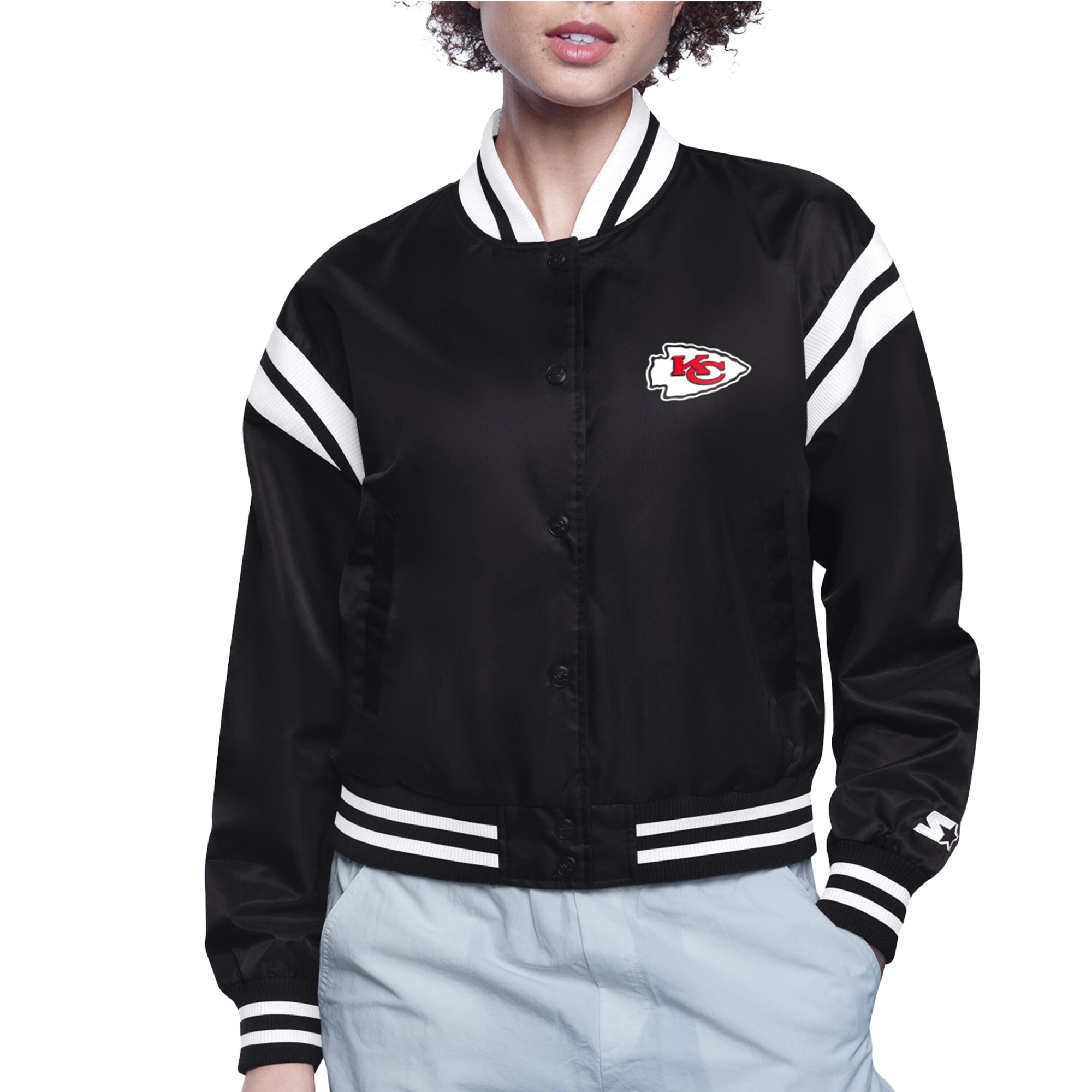 Women's Kansas City Chiefs Round Printed Logo Cropped Black Satin Varsity Jacket