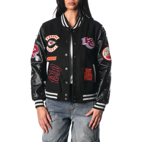 Women’s Kansas City Chiefs Sparkle Black Wool & Leather Varsity Jacket