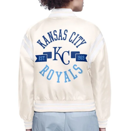 Alternative view of Women's Kansas City Royals Round Printed Logo Cropped Cream Satin Varsity Jacket