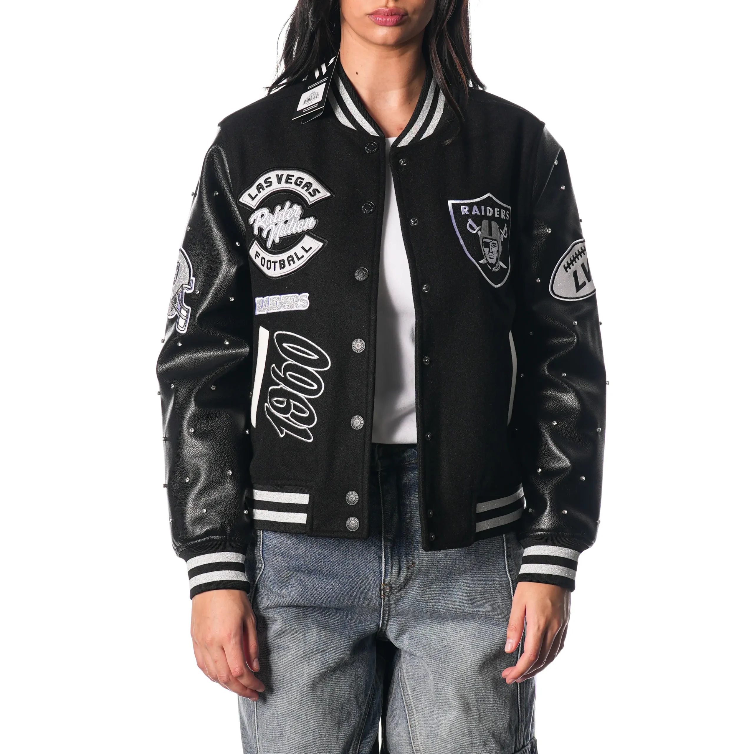 Women’s Las Vegas Raiders Sparkle Black Wool & Leather Varsity Jacket