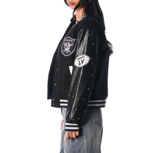 Women’s Las Vegas Raiders Sparkle Black Wool & Leather Varsity Jacket - Image 3