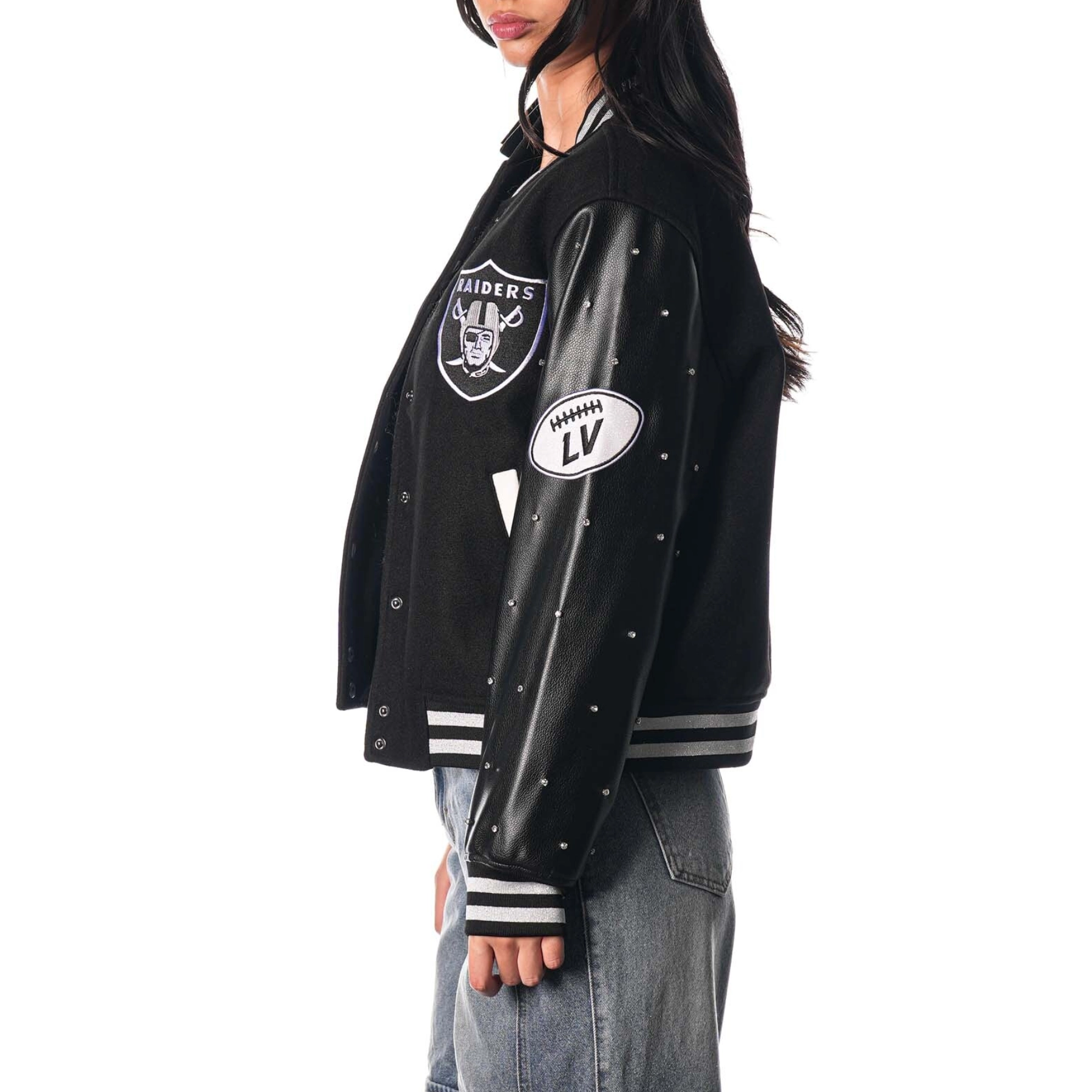 Women’s Las Vegas Raiders Sparkle Black Wool & Leather Varsity Jacket - Image 3