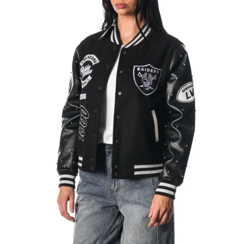 Alternative view of Women’s Las Vegas Raiders Sparkle Black Wool & Leather Varsity Jacket