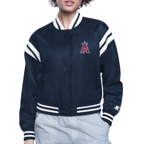 Women's Los Angeles Angels Round Printed Logo Cropped Navy Satin Varsity Jacket