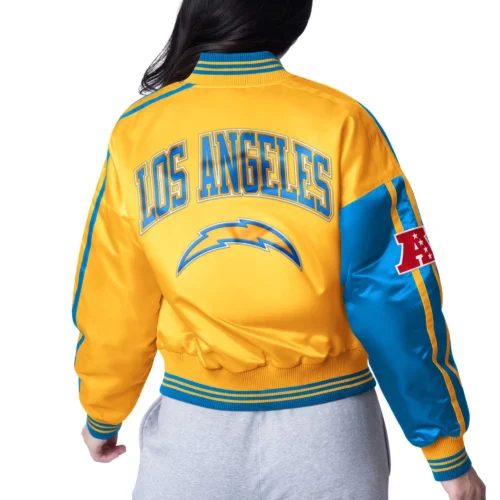 Alternative view of Women's Los Angeles Chargers Zone Blitz Cropped Blue/Yellow Satin Jacket