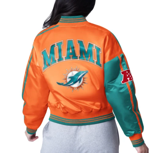 Alternative view of Women's Miami Dolphins Zone Blitz Cropped Aqua/Orange Satin Jacket