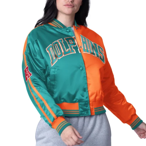 Women's Miami Dolphins Zone Blitz Cropped Aqua/Orange Satin Jacket