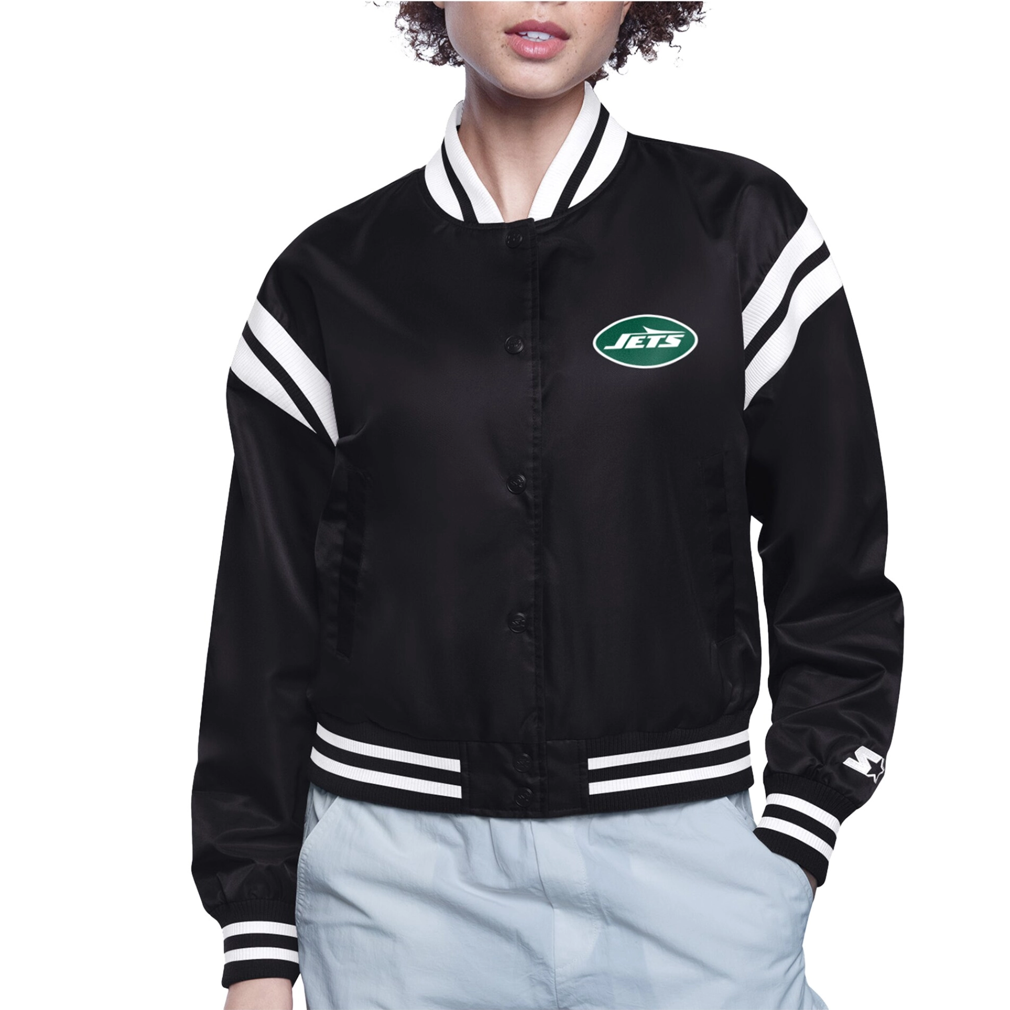 Women's New York Jets Round Printed Logo Cropped Black Satin Varsity Jacket