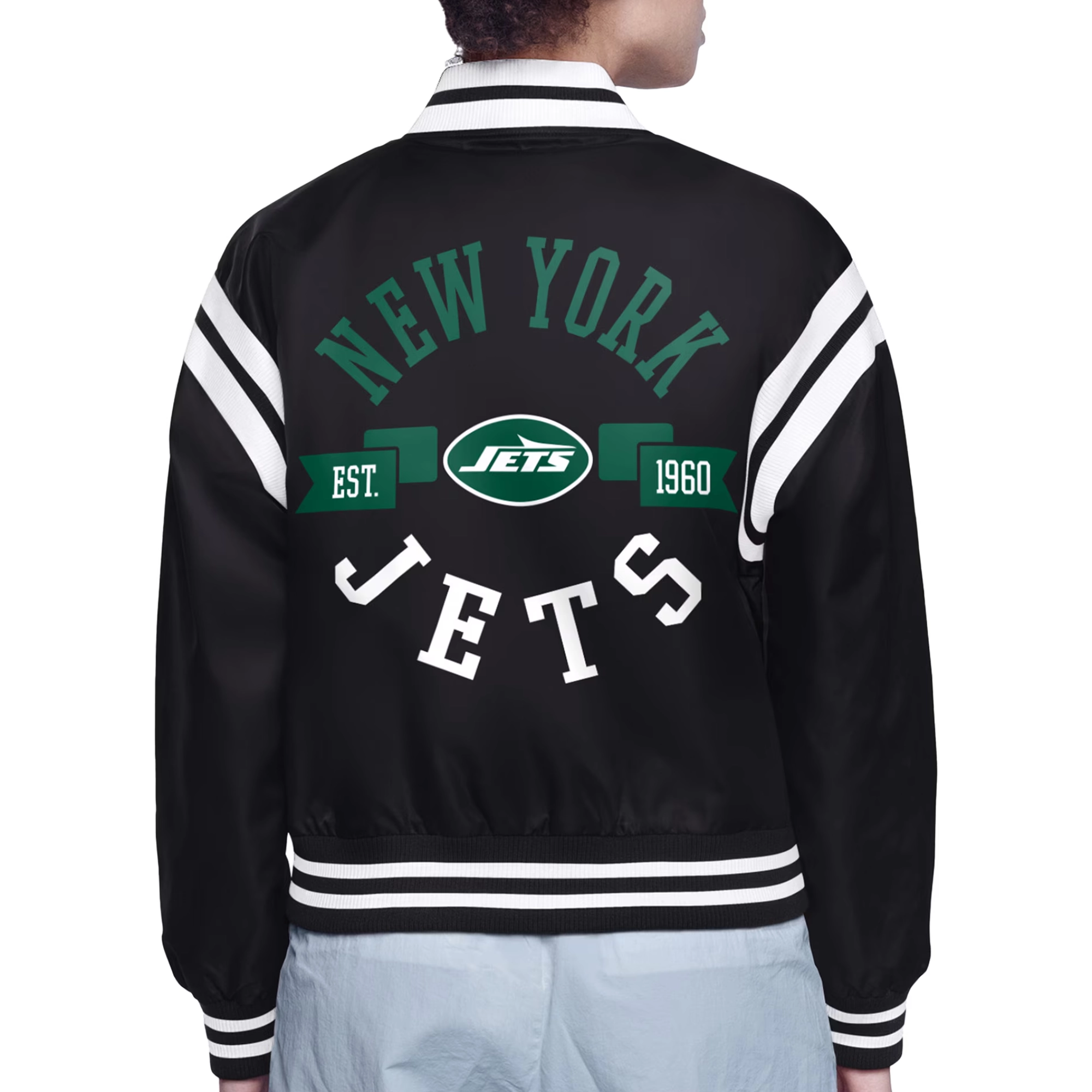 Women's New York Jets Round Printed Logo Cropped Black Satin Varsity Jacket - Image 2