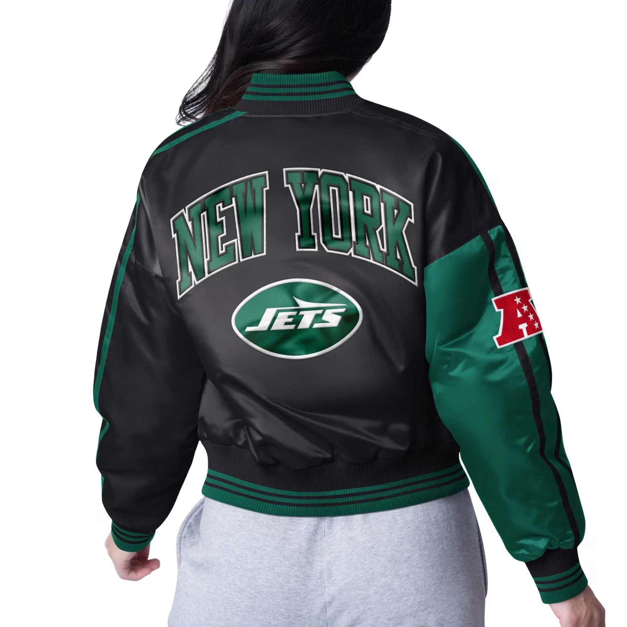 Women's New York Jets Zone Blitz Cropped Green/Black Satin Jacket - Image 2