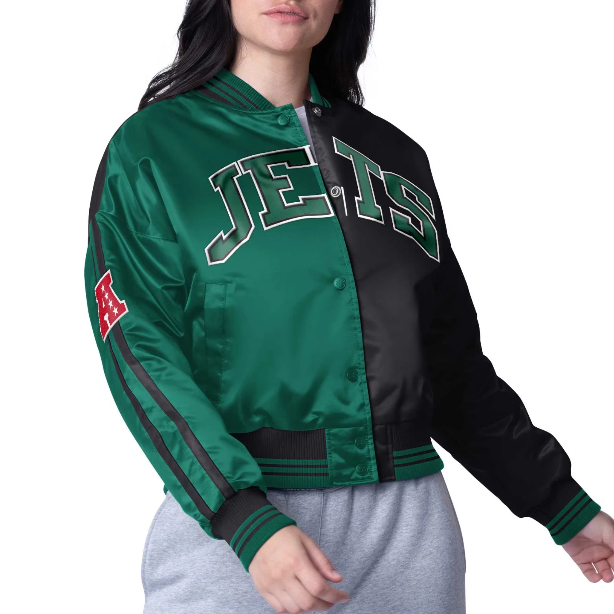 Women's New York Jets Zone Blitz Cropped Green/Black Satin Jacket