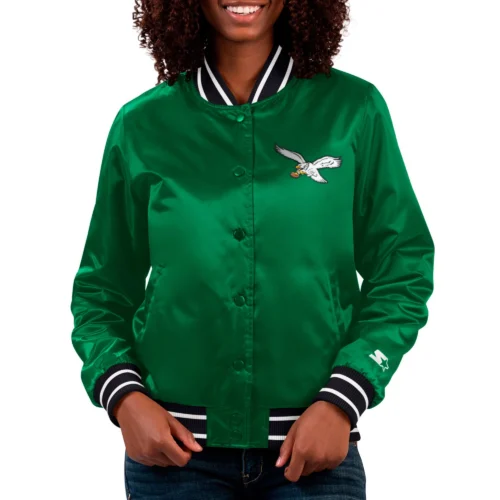 Women's Philadelphia Eagles Full Count Green Satin Varsity Jacket