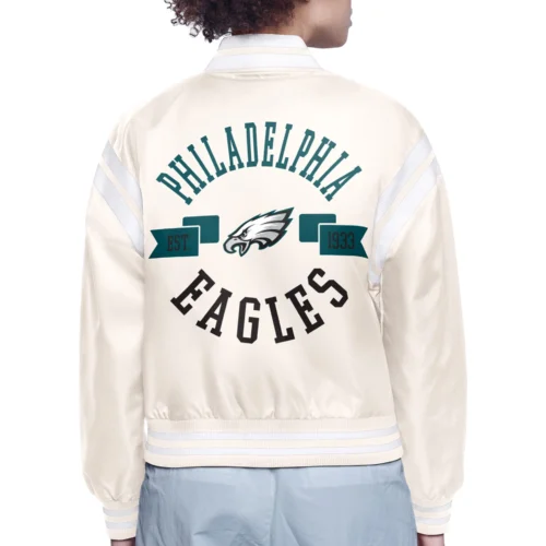 Alternative view of Women's Philadelphia Eagles Round Printed Logo Cropped Cream Satin Varsity Jacket