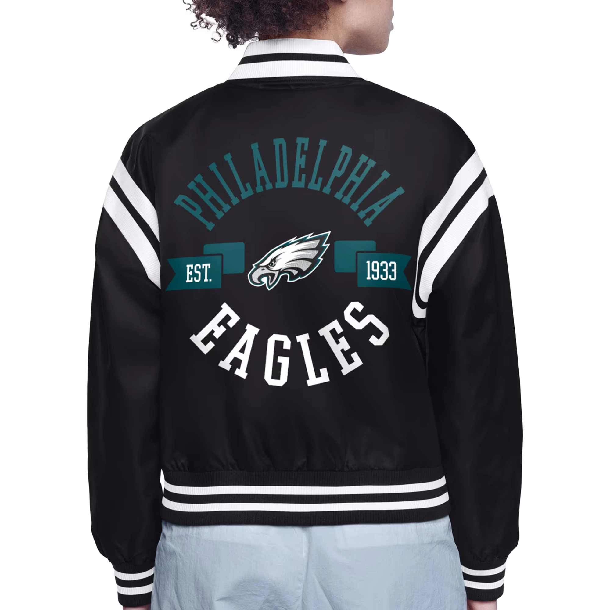 Women's Philadelphia Eagles Round Printed Logo Cropped Black Satin Varsity Jacket - Image 2