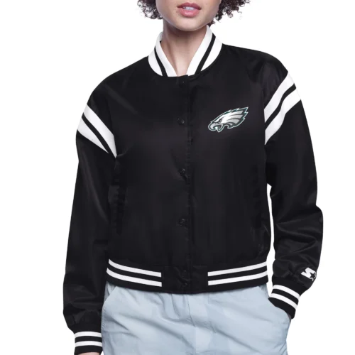 Women's Philadelphia Eagles Round Printed Logo Cropped Black Satin Varsity Jacket