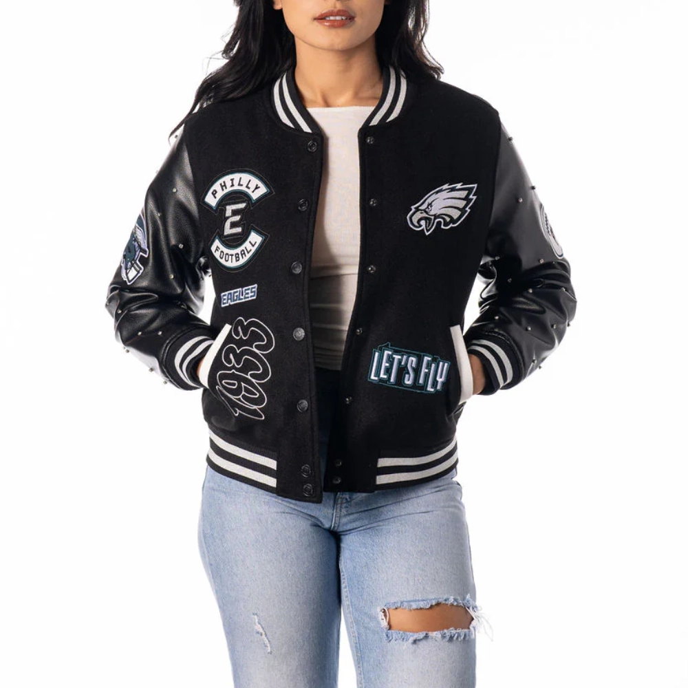 Women’s Philadelphia Eagles Sparkle Black Wool & Leather Varsity Jacket