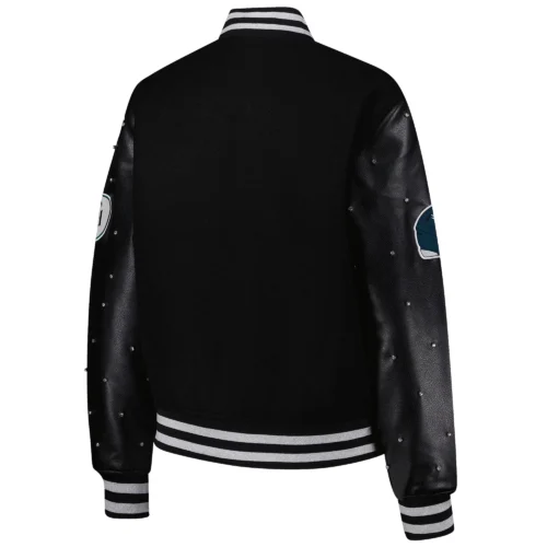 Women’s Philadelphia Eagles Sparkle Black Wool & Leather Varsity Jacket - Image 4