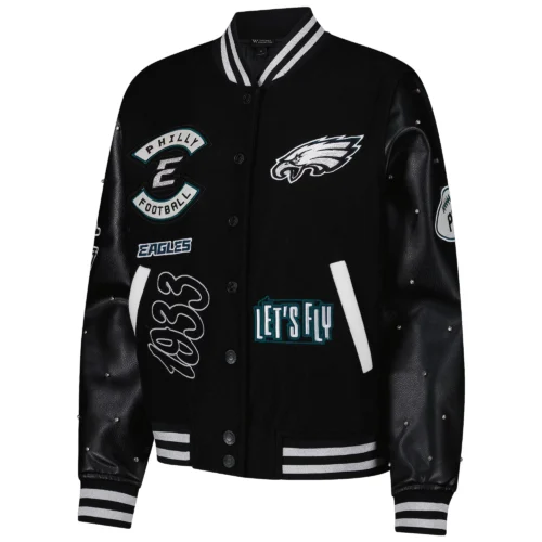 Women’s Philadelphia Eagles Sparkle Black Wool & Leather Varsity Jacket - Image 3